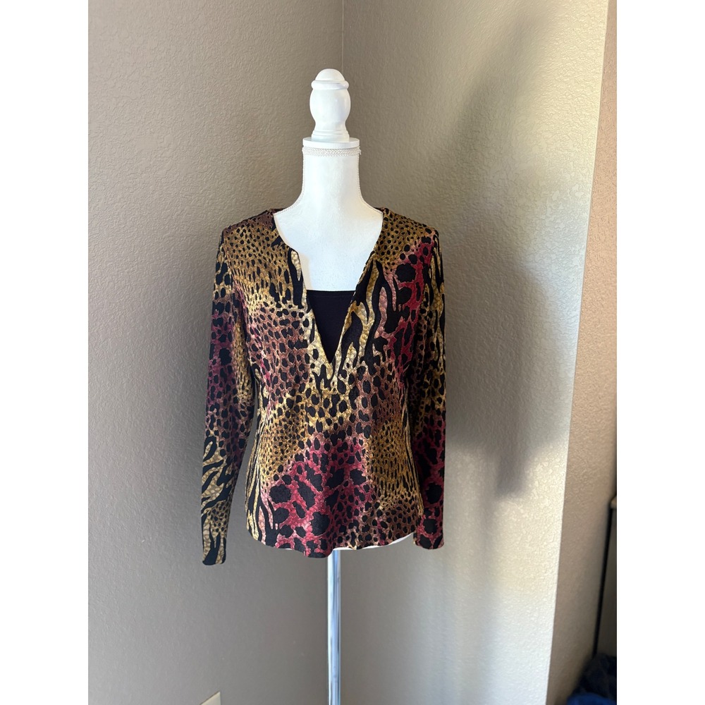 Half Moon Bay Womens Animal Print Split Neck Long Sleeve Top Gold Red